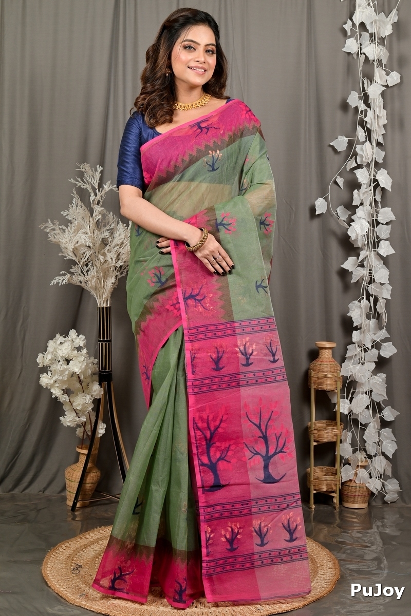 Green Pink Pure Cotton Fevai Jamdani Saree (3038)