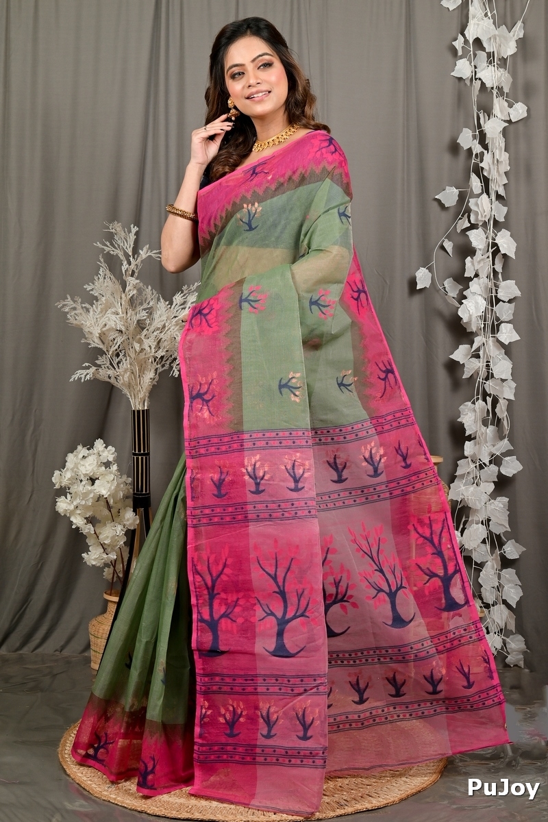 Green Pink Pure Cotton Fevai Jamdani Saree (3038)