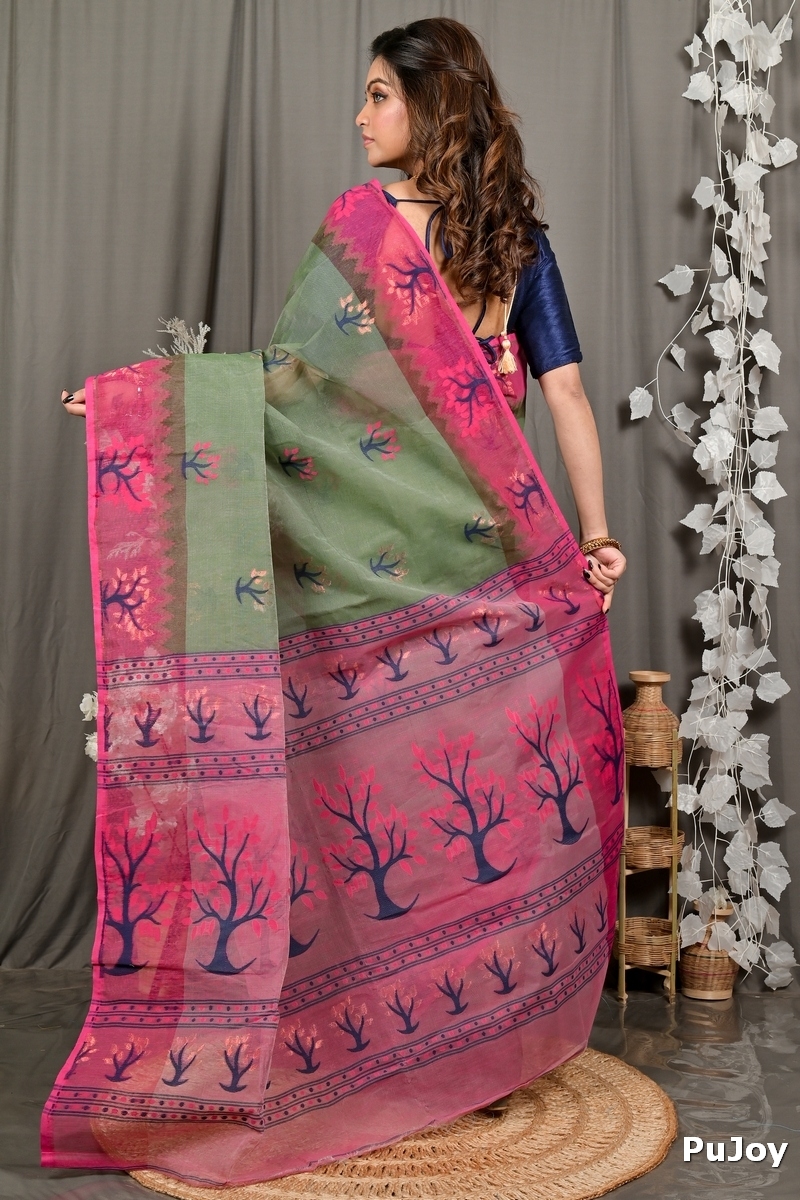 Green Pink Pure Cotton Fevai Jamdani Saree (3038)