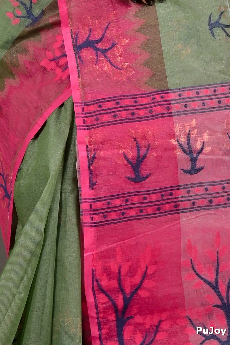Green Pink Pure Cotton Fevai Jamdani Saree (3038)