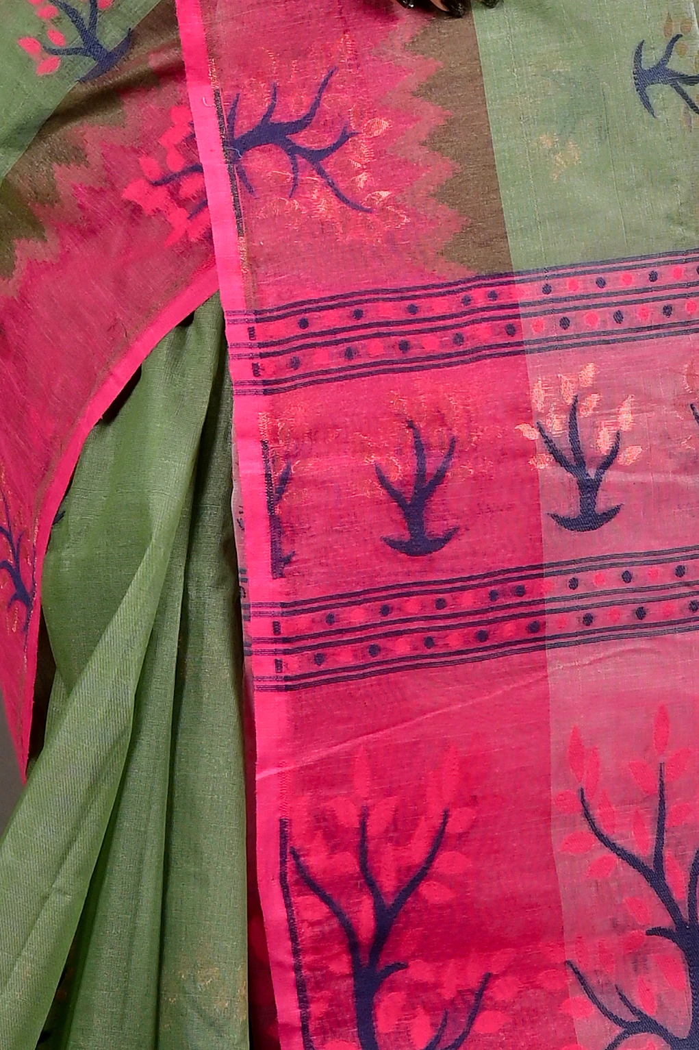 Green Pink Pure Cotton Fevai Jamdani Saree (3038)