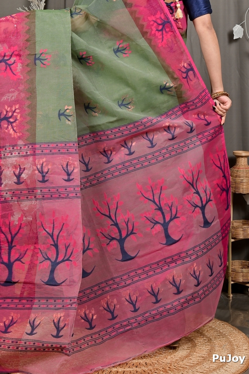 Green Pink Pure Cotton Fevai Jamdani Saree (3038)