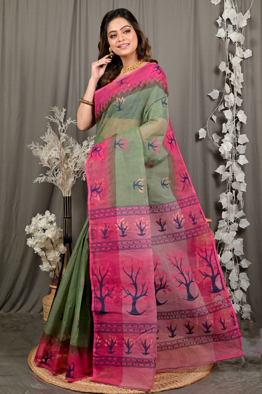 Green Pink Pure Cotton Fevai Jamdani Saree (3038)