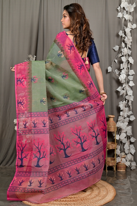 Green Pink Pure Cotton Fevai Jamdani Saree (3038)
