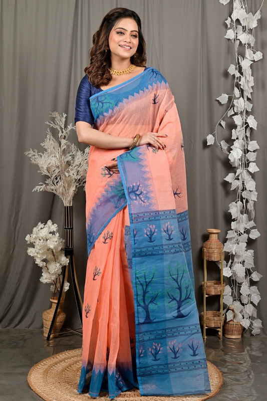 Peach Blue Pure Cotton Fevai Jamdani Saree (3039)