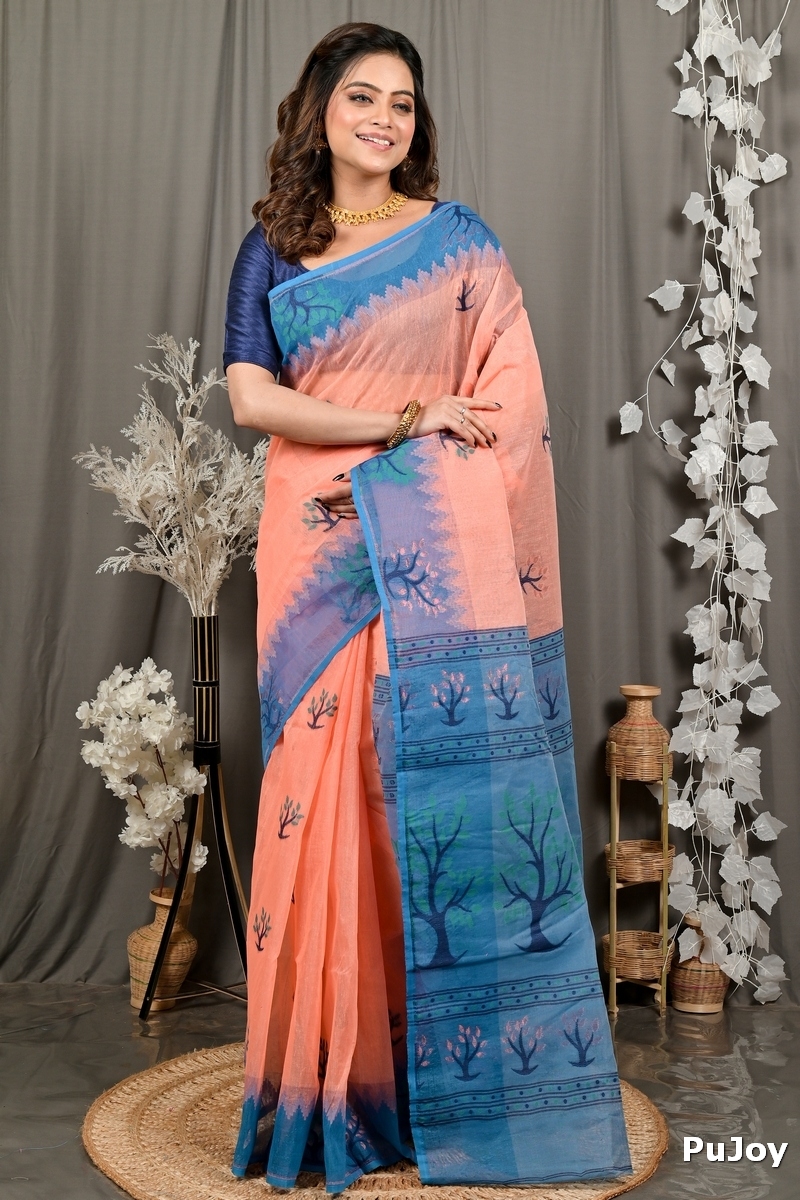 Peach Blue Pure Cotton Fevai Jamdani Saree (3039)