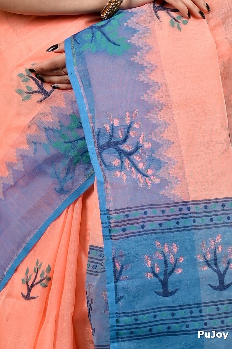 Peach Blue Pure Cotton Fevai Jamdani Saree (3039)