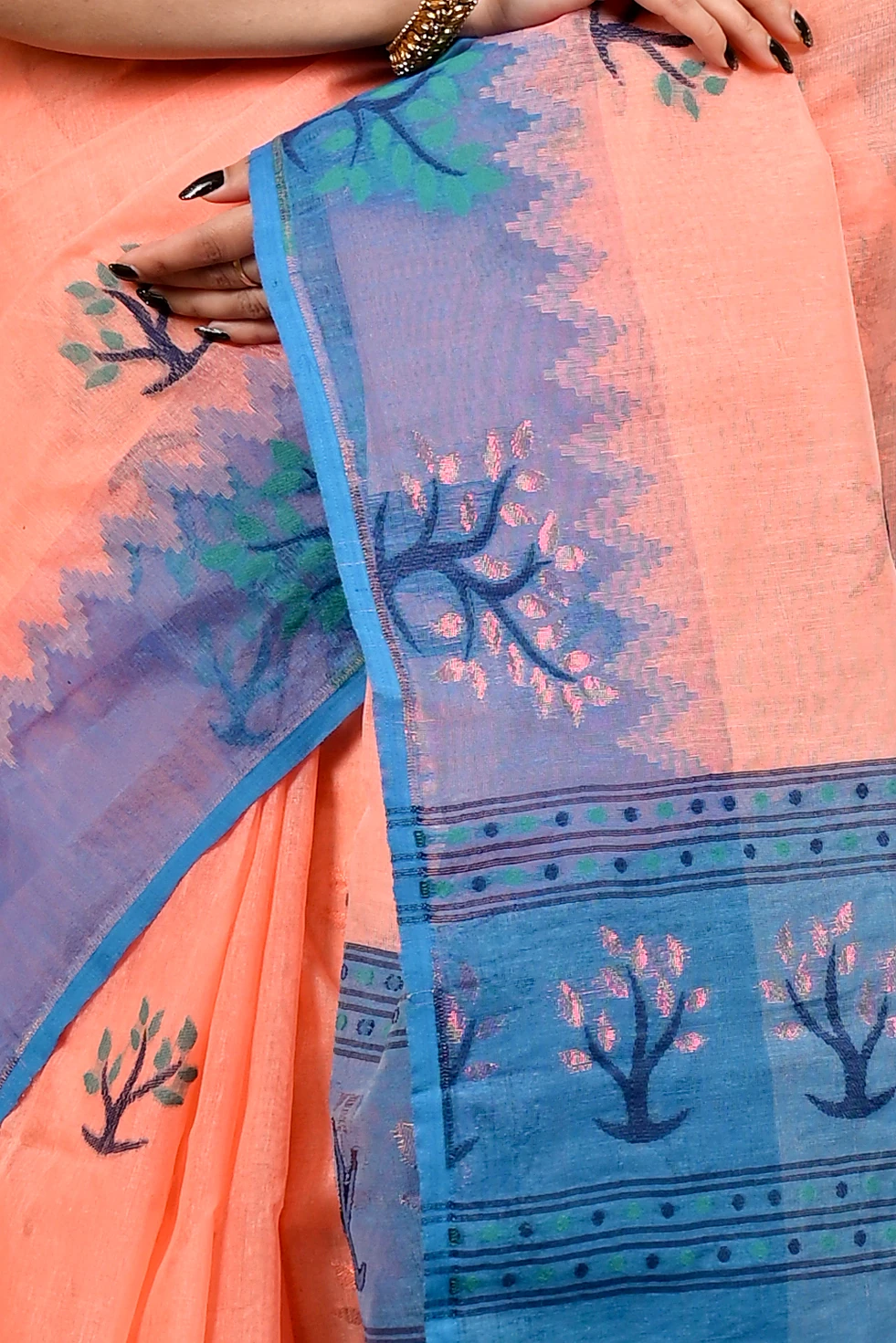 Peach Blue Pure Cotton Fevai Jamdani Saree (3039)