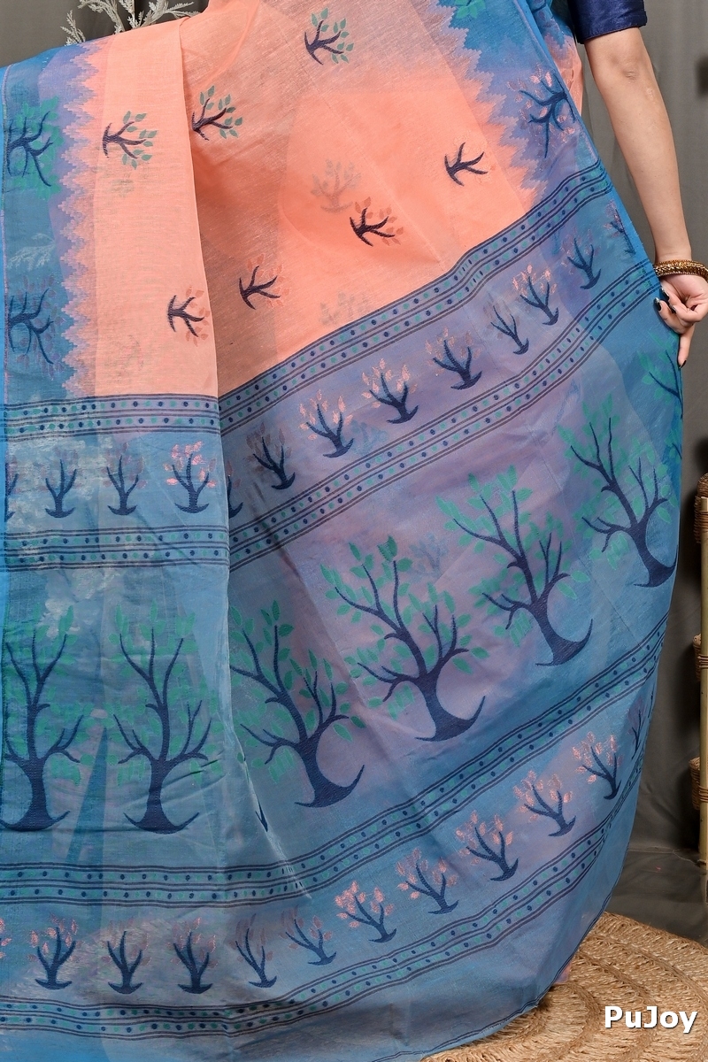 Peach Blue Pure Cotton Fevai Jamdani Saree (3039)