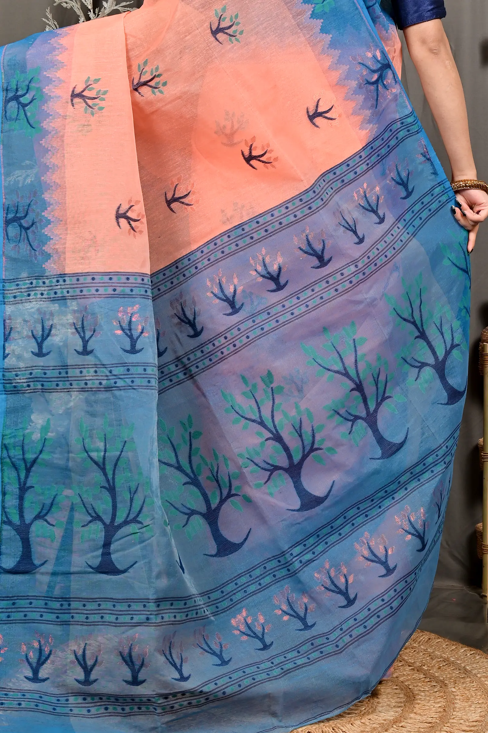 Peach Blue Pure Cotton Fevai Jamdani Saree (3039)
