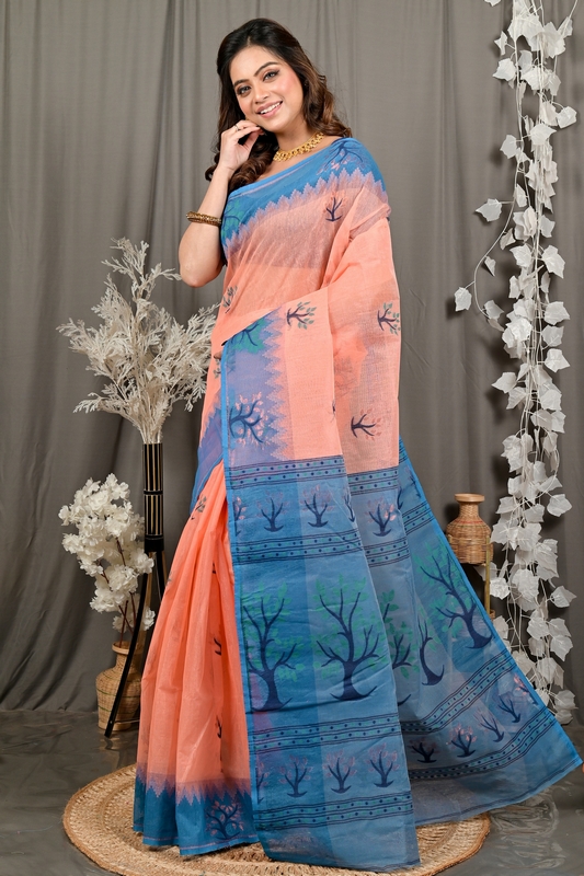 Peach Blue Pure Cotton Fevai Jamdani Saree (3039)