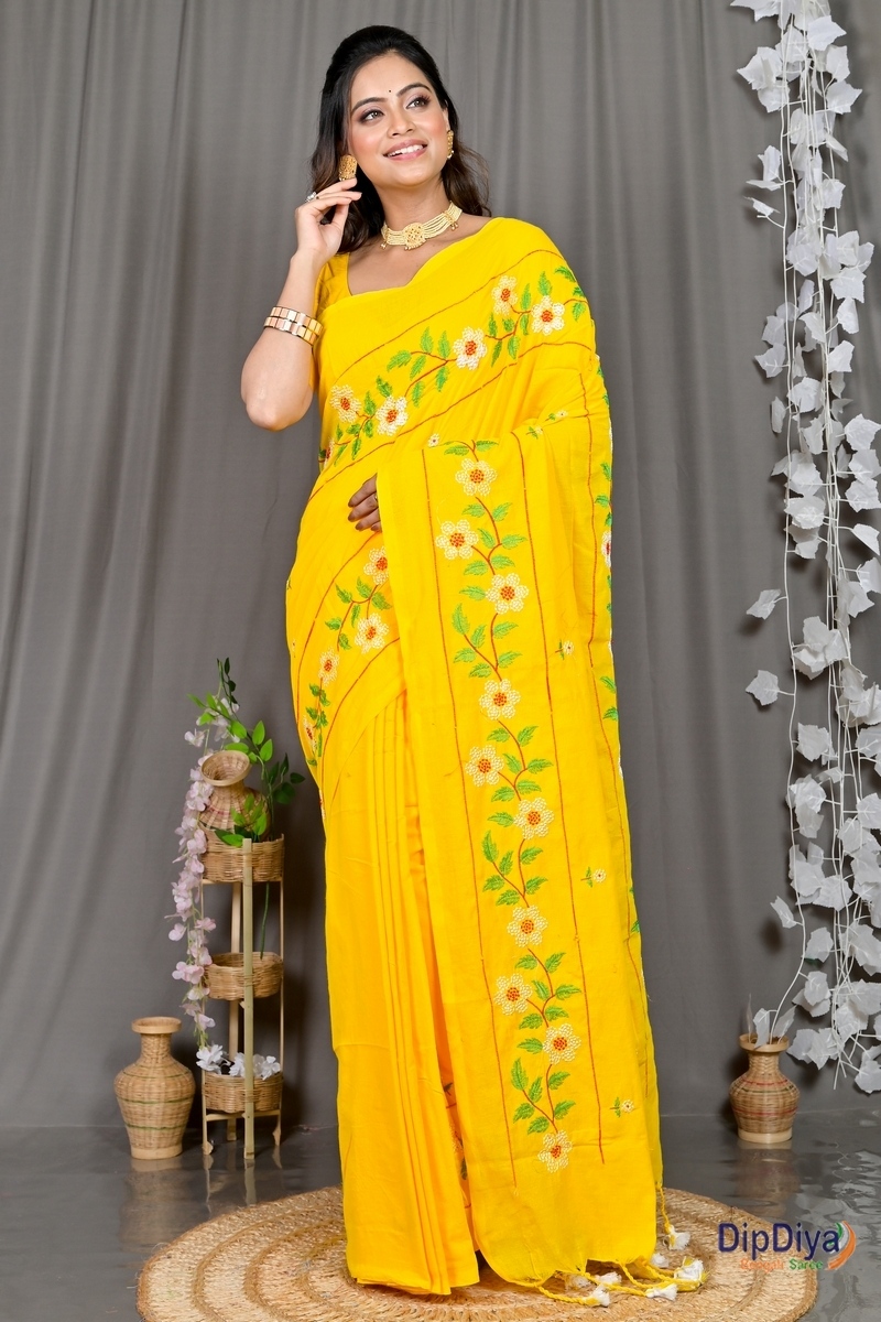 Yellow Cotton Blended Paraya Embroidery Handloom saree (304)