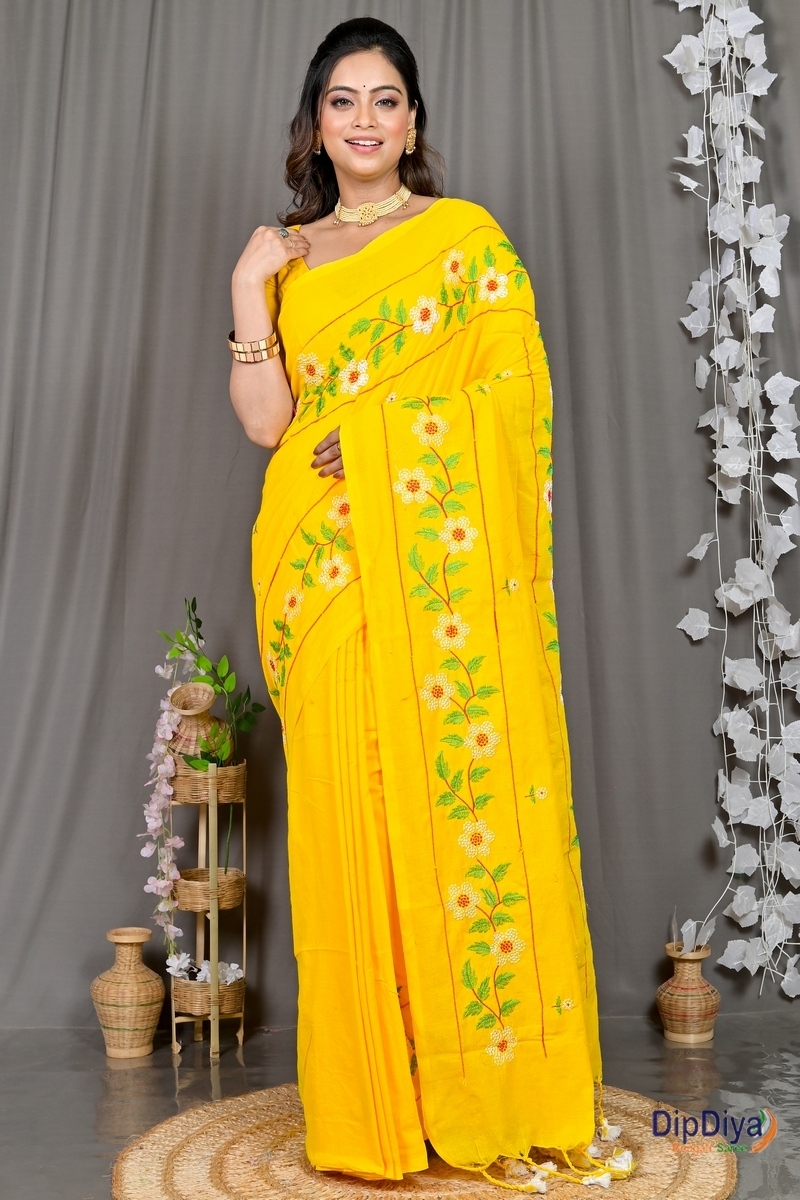 Yellow Cotton Blended Paraya Embroidery Handloom saree (304)