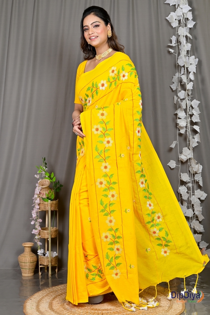 Yellow Cotton Blended Paraya Embroidery Handloom saree (304)