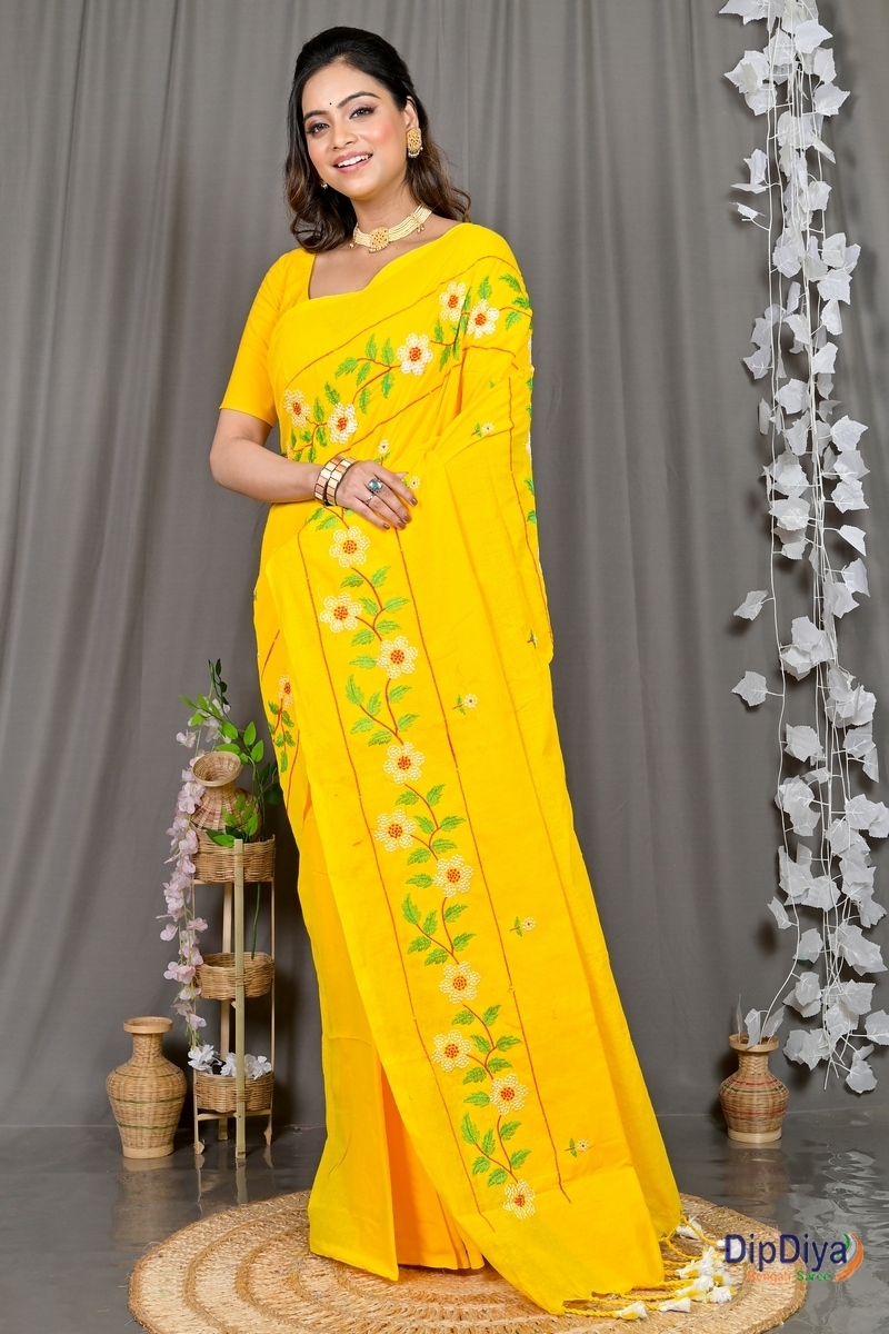 Yellow Cotton Blended Paraya Embroidery Handloom saree (304)