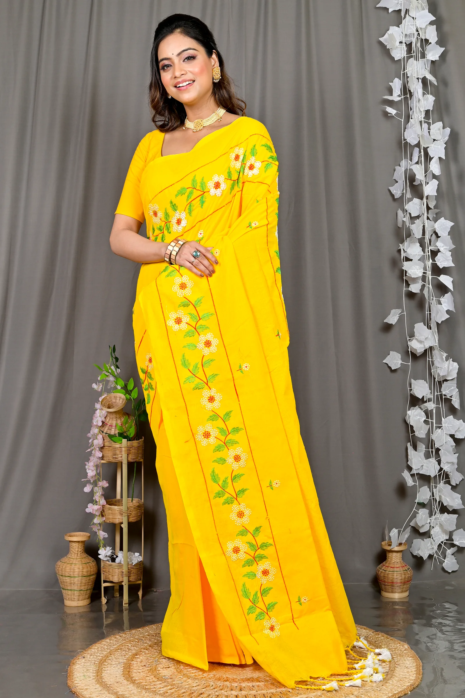 Yellow Cotton Blended Paraya Embroidery Handloom saree (304)