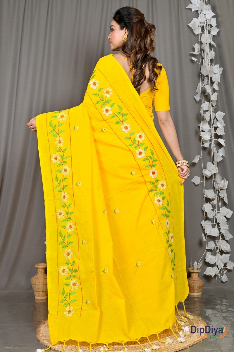 Yellow Cotton Blended Paraya Embroidery Handloom saree (304)