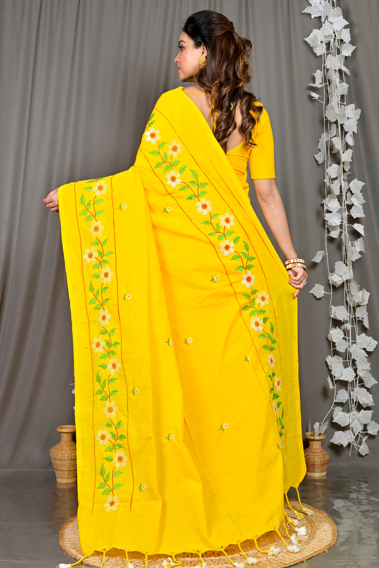 Yellow Cotton Blended Paraya Embroidery Handloom saree (304)