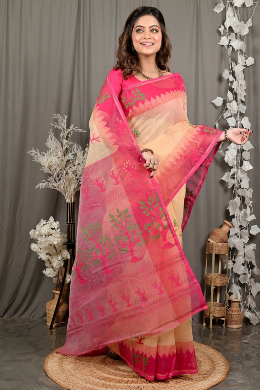 Creame Pink Pure Cotton Fevai Jamdani Saree (3040)