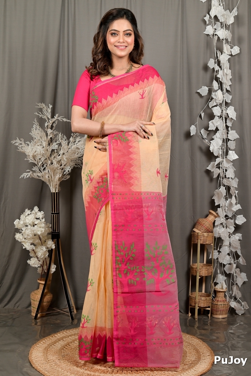 Creame Pink Pure Cotton Fevai Jamdani Saree (3040)