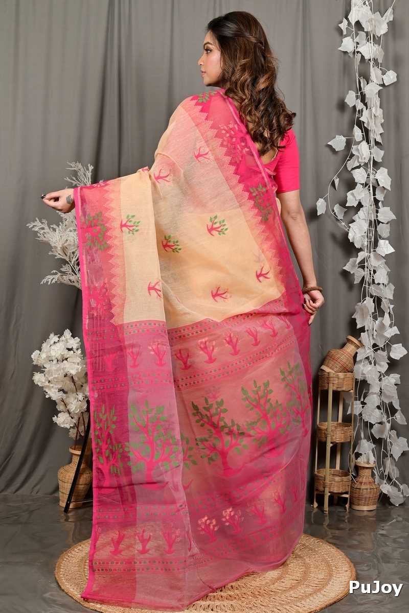 Creame Pink Pure Cotton Fevai Jamdani Saree (3040)