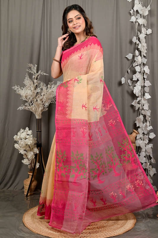 Creame Pink Pure Cotton Fevai Jamdani Saree (3040)