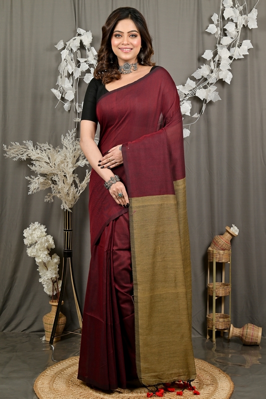 Brown Pure Cotton ThanKhaditu Hand Loom Saree (3041)