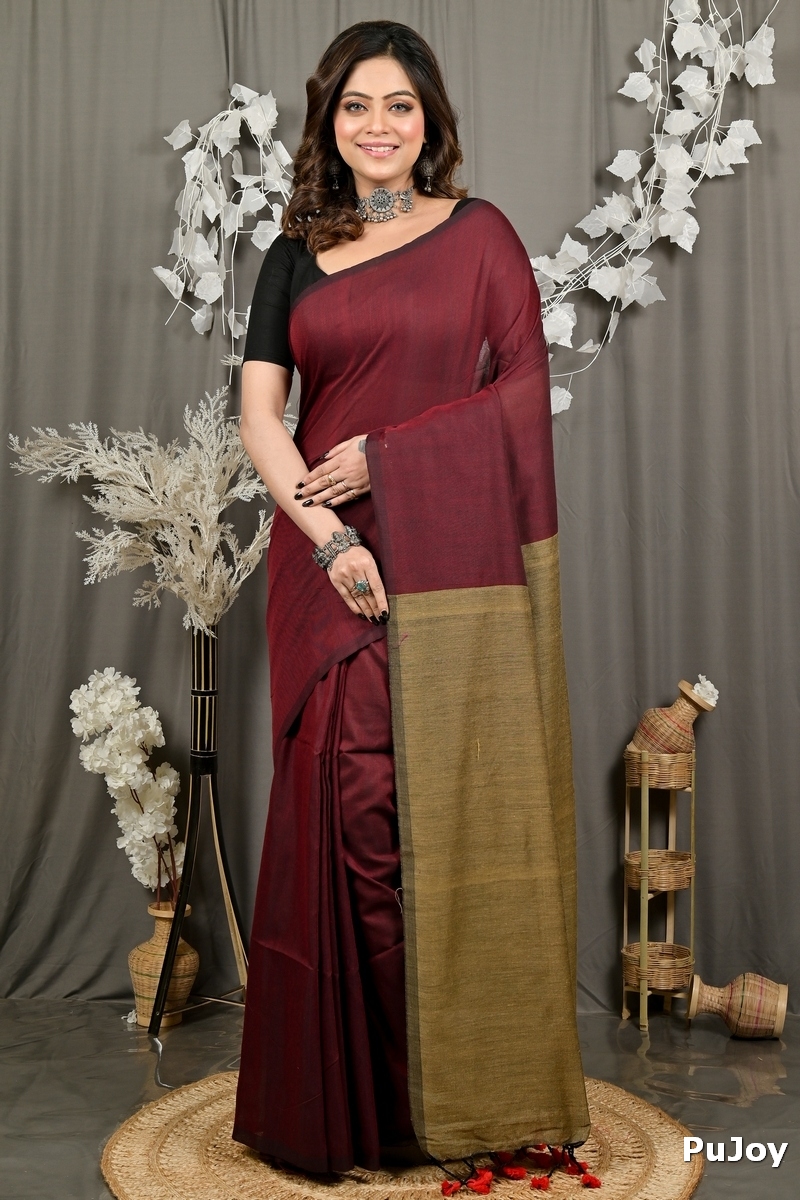 Brown Pure Cotton ThanKhaditu Hand Loom Saree (3041)
