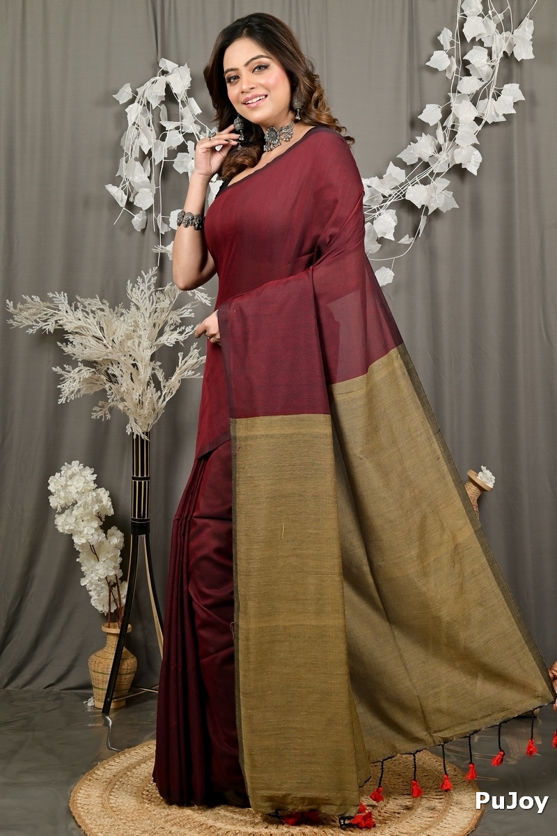 Brown Pure Cotton ThanKhaditu Hand Loom Saree (3041)