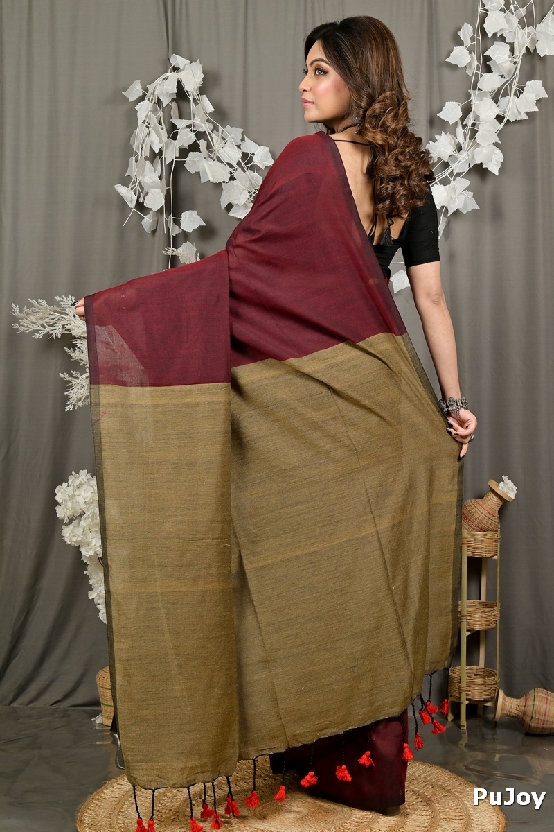 Brown Pure Cotton ThanKhaditu Hand Loom Saree (3041)