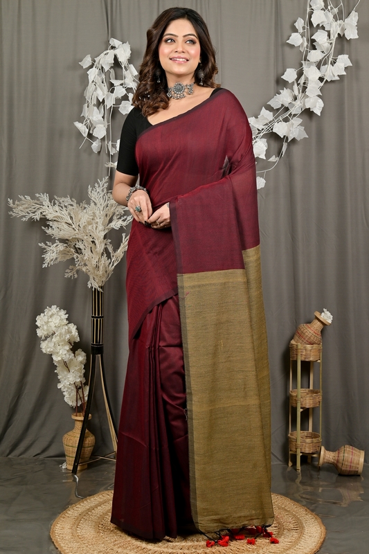 Brown Pure Cotton ThanKhaditu Hand Loom Saree (3041)