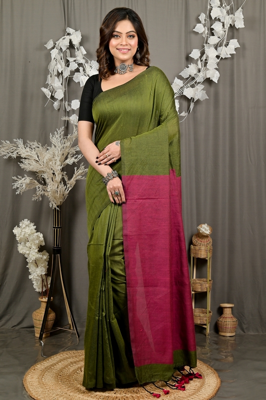 Mehendi Green Pure Cotton ThanKhaditu Hand Loom Saree (3043)