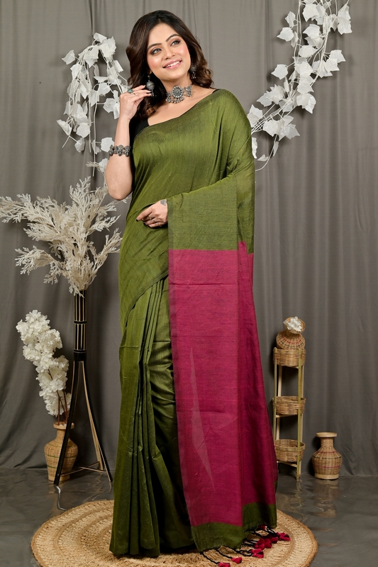 Mehendi Green Pure Cotton ThanKhaditu Hand Loom Saree (3043)