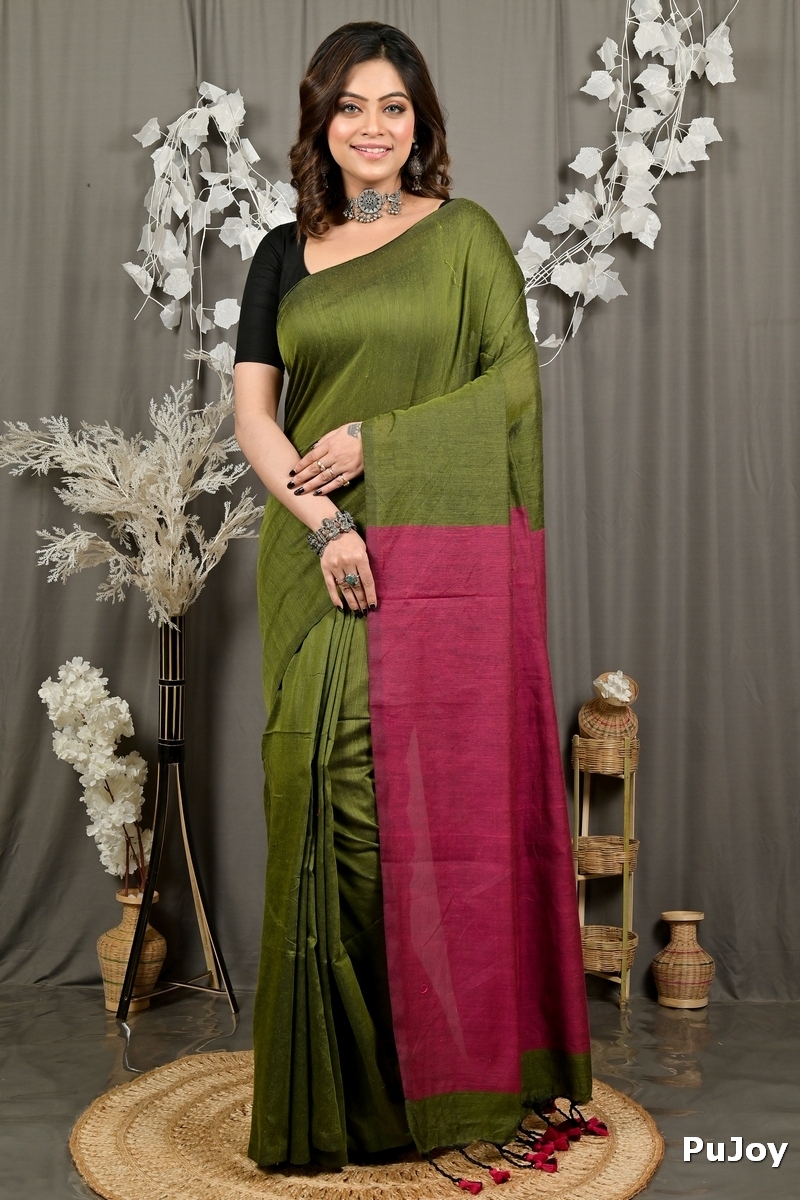 Mehendi Green Pure Cotton ThanKhaditu Hand Loom Saree (3043)