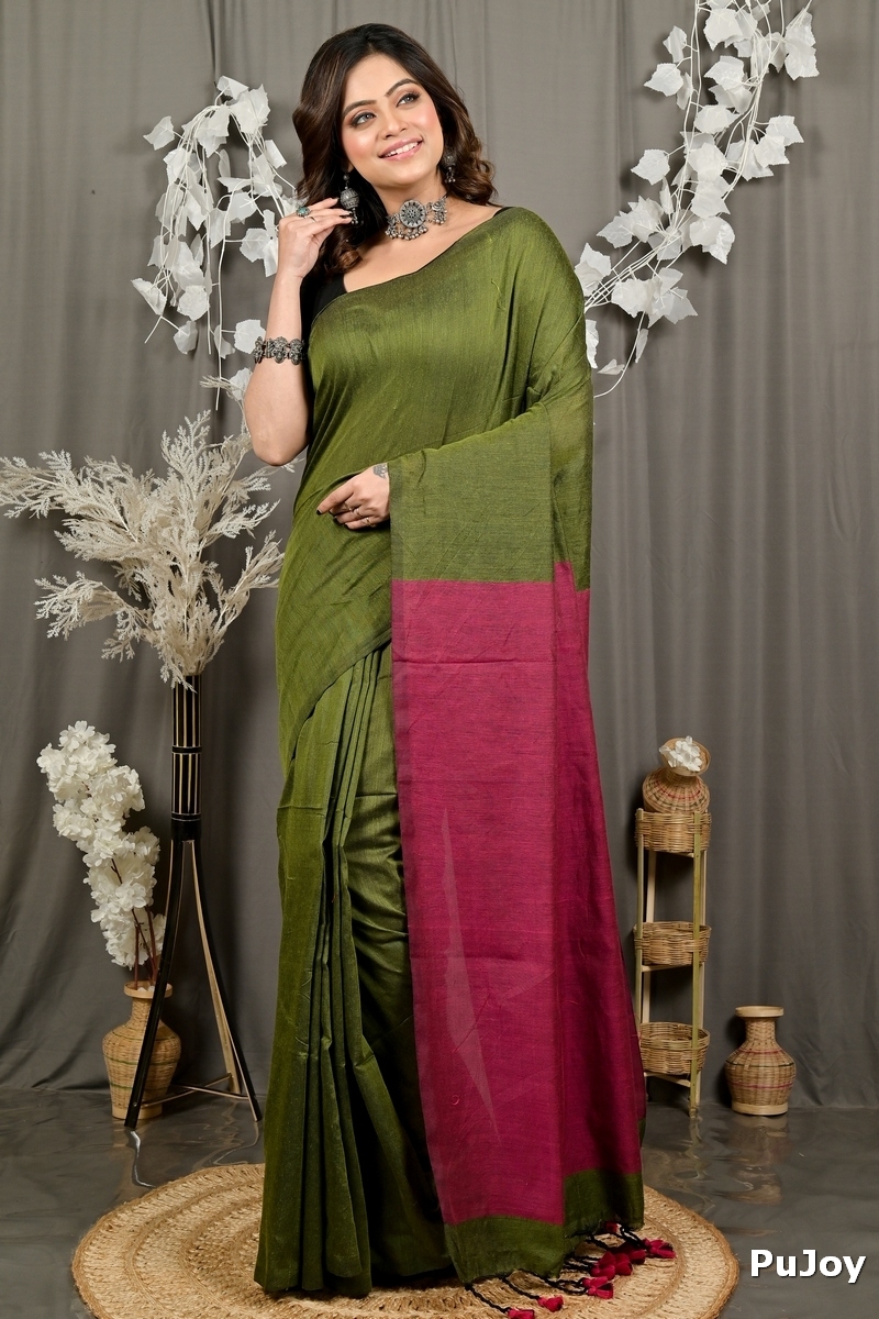 Mehendi Green Pure Cotton ThanKhaditu Hand Loom Saree (3043)