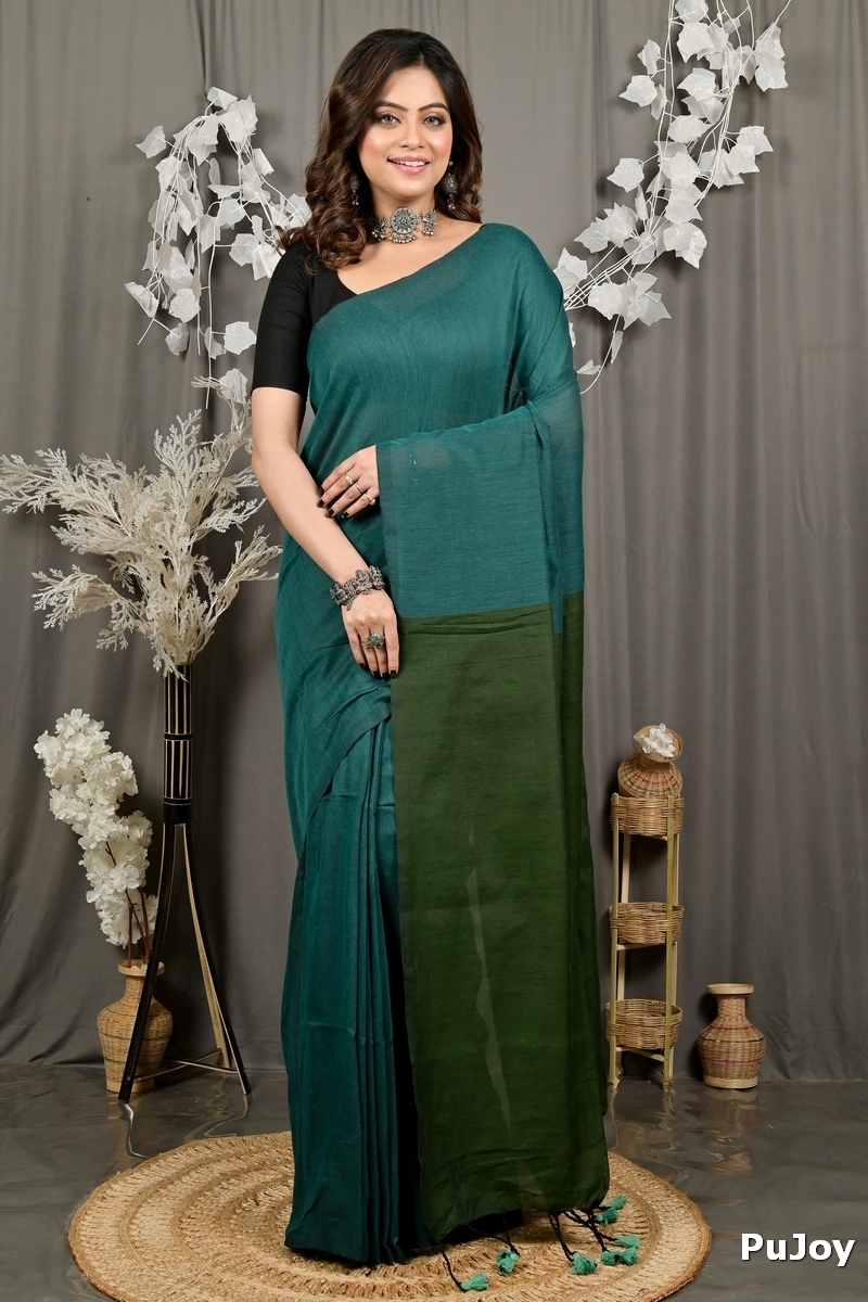 Green Pure Cotton ThanKhaditu Hand Loom Saree (3044)