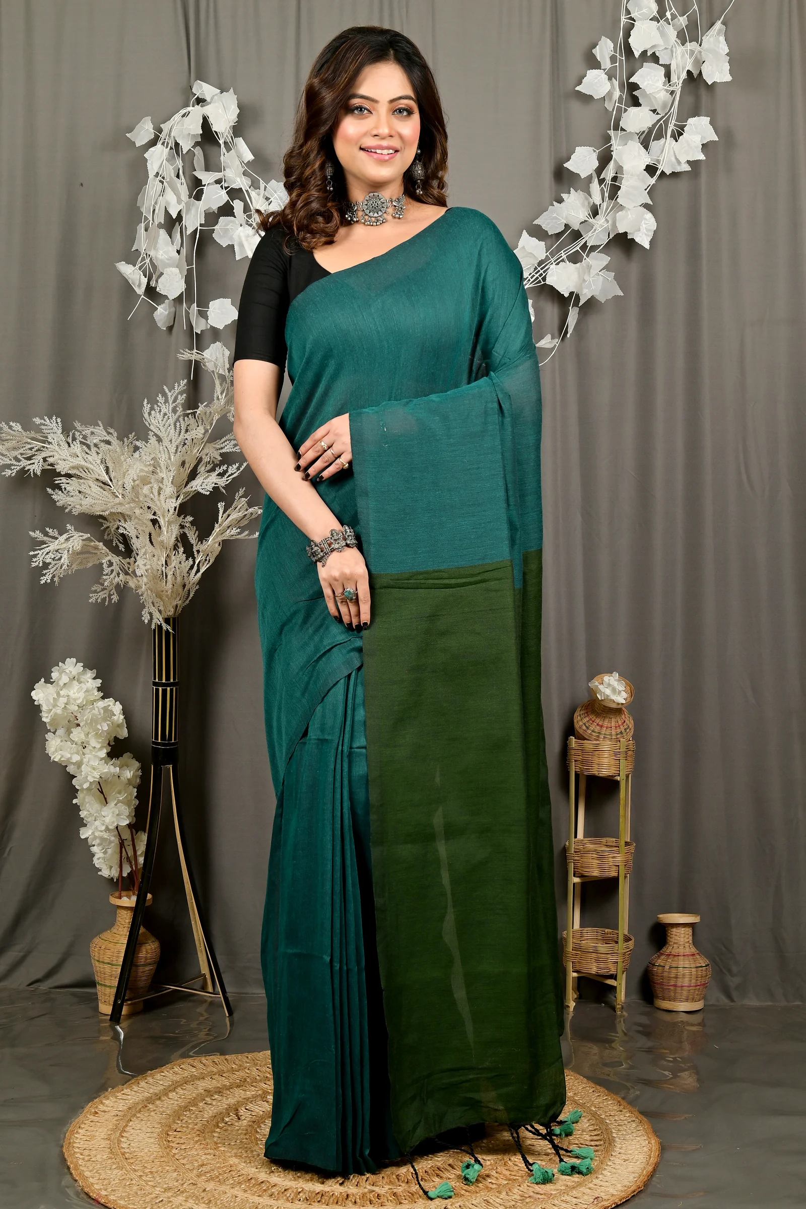Green Pure Cotton ThanKhaditu Hand Loom Saree (3044)