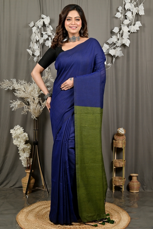 Blue Green Pure Cotton ThanKhaditu Hand Loom Saree (3045)