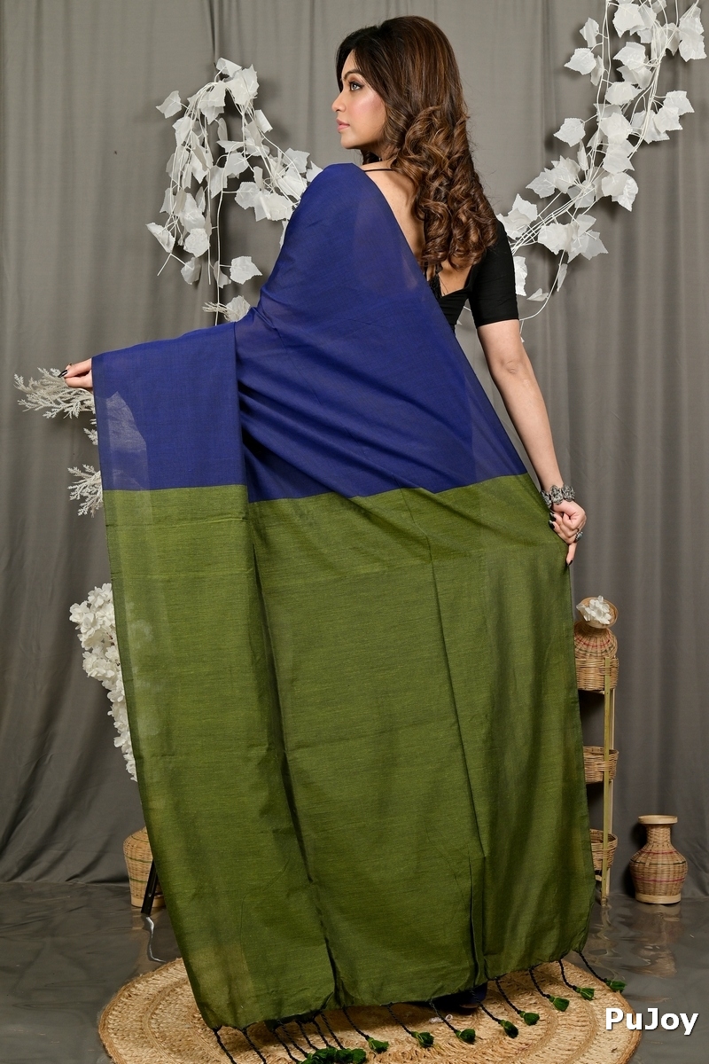 Blue Green Pure Cotton ThanKhaditu Hand Loom Saree (3045)