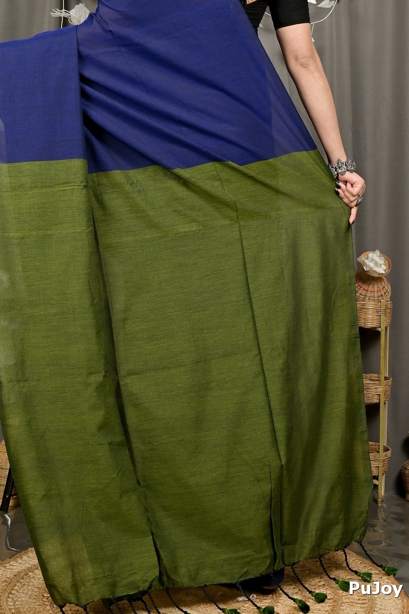 Blue Green Pure Cotton ThanKhaditu Hand Loom Saree (3045)
