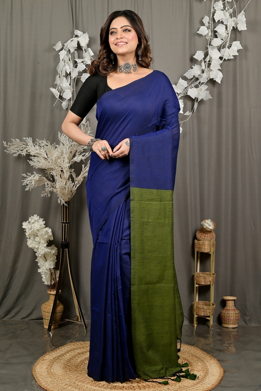 Blue Green Pure Cotton ThanKhaditu Hand Loom Saree (3045)