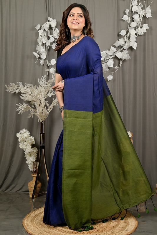 Blue Green Pure Cotton ThanKhaditu Hand Loom Saree (3045)