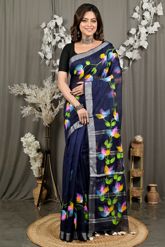 Blue Blended Cotton Finesi Hand Painted Saree (3046)