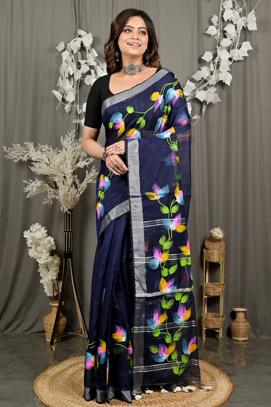 Blue Blended Cotton Finesi Hand Painted Saree (3046)