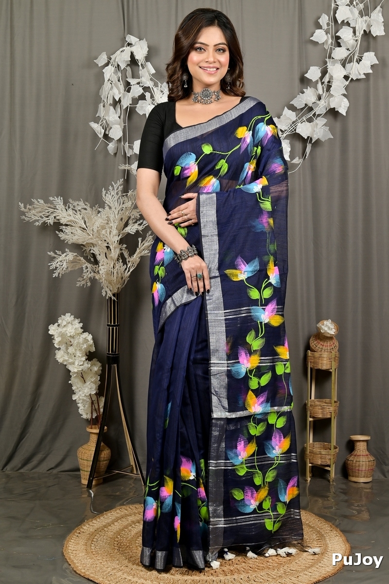 Blue Blended Cotton Finesi Hand Painted Saree (3046)