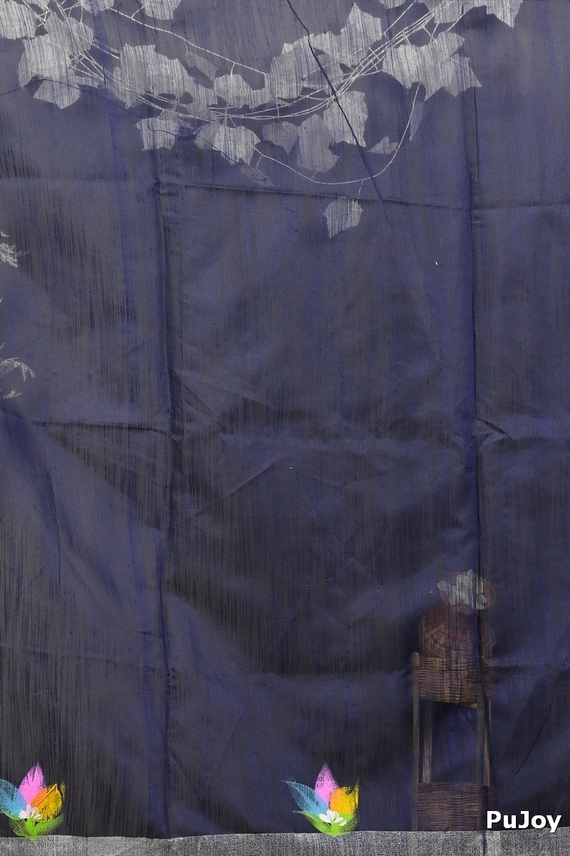 Blue Blended Cotton Finesi Hand Painted Saree (3046)