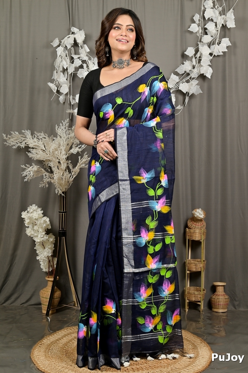 Blue Blended Cotton Finesi Hand Painted Saree (3046)