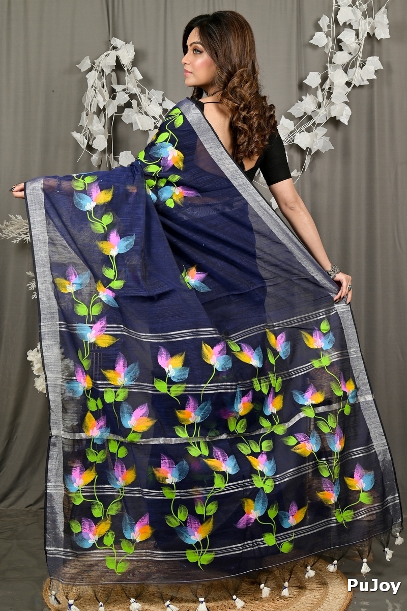 Blue Blended Cotton Finesi Hand Painted Saree (3046)