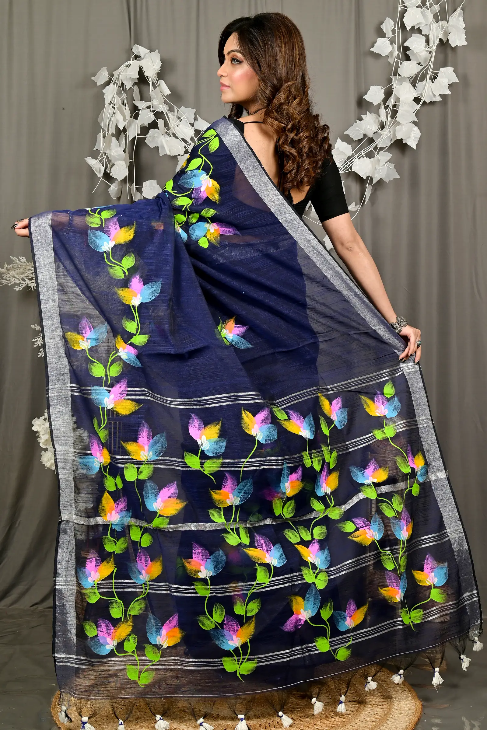 Blue Blended Cotton Finesi Hand Painted Saree (3046)