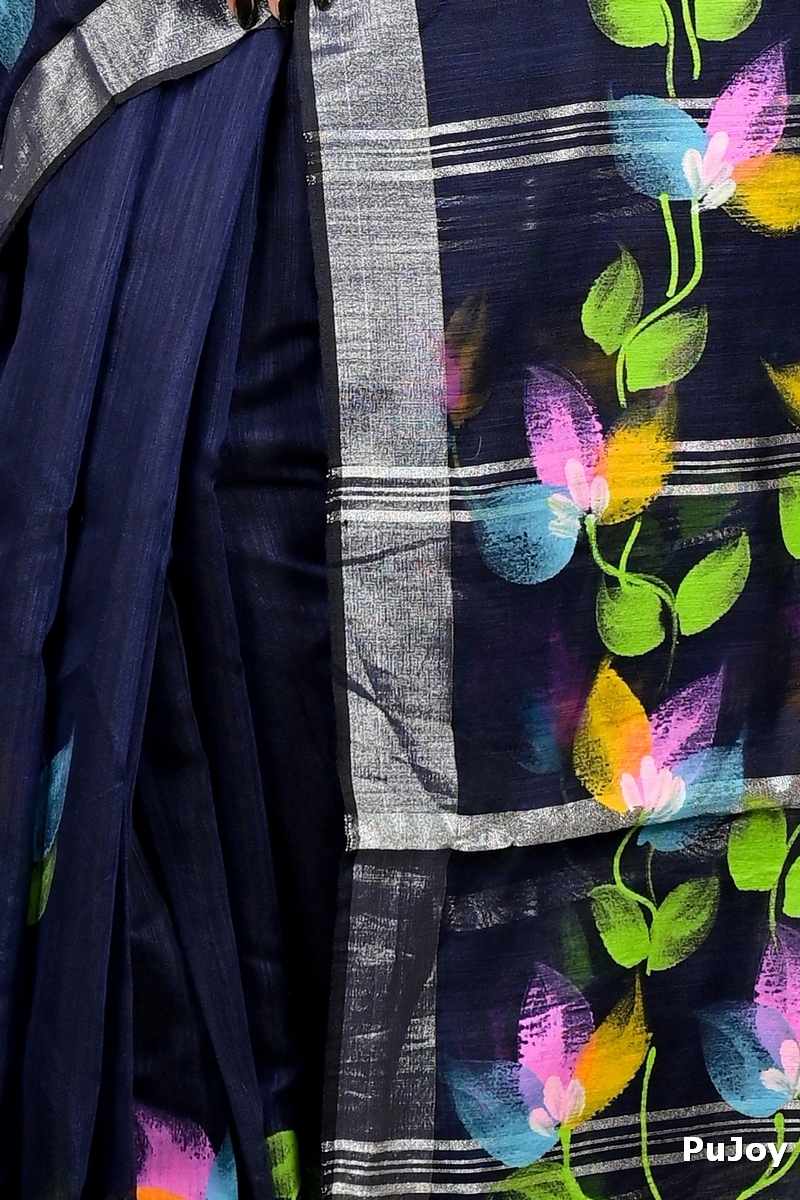 Blue Blended Cotton Finesi Hand Painted Saree (3046)